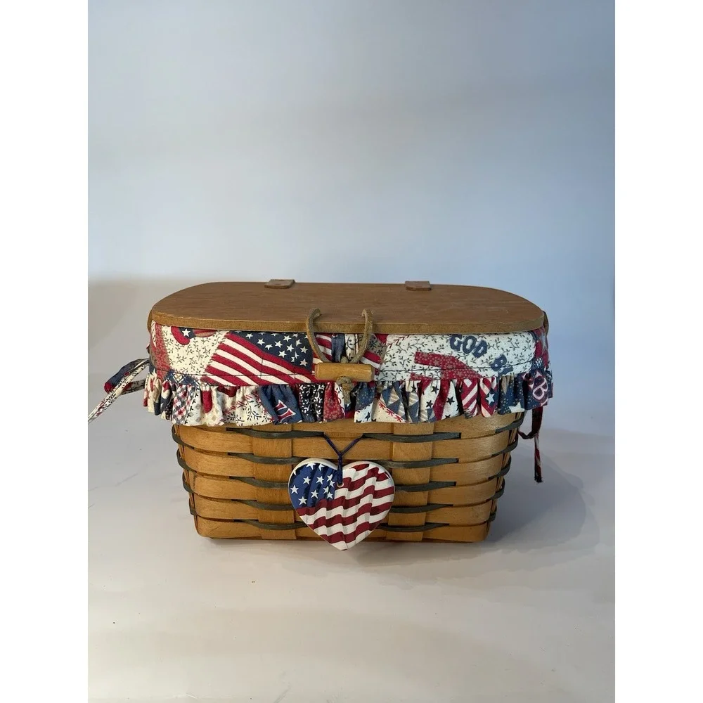 Vintage Longaberger Basket With Lid And American Themed Liner See Pics